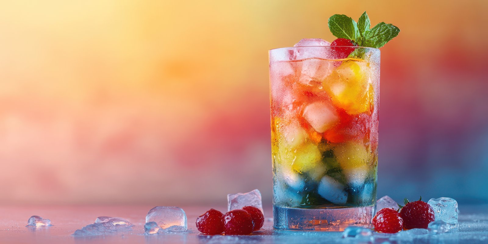 Refreshing mixed fruit beverage served in a tall glass with ice on a colorful background during a sunny day